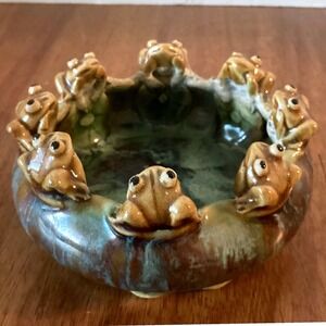 Vintage Majolica Studio Pottery Frog Bowl Planter Green Brown Drip Glaze 4.5"